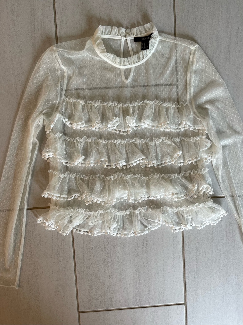 Never worn Forever 21 Ivory Sheer Ruffle Long-Sleeve Top